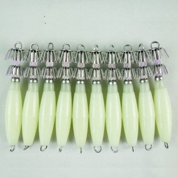 10 Pieces 3-1/3" Glow Squid EGI Jigs Hard Body plastic Body 2 Razor Hooks